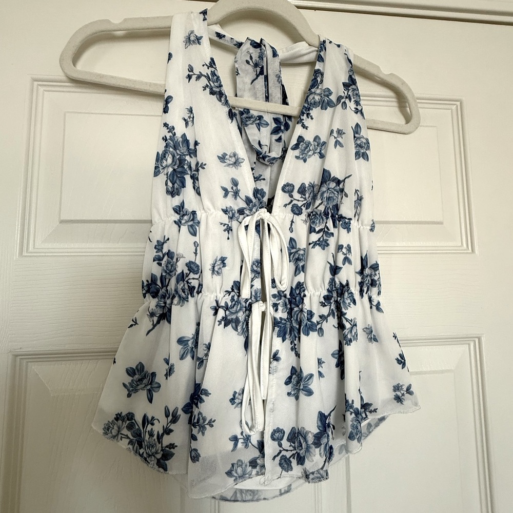 Blue White Floral Peplum Tank Top Halter Tie Front Boho Summer